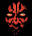 Red and black pixelated face with glowing yellow eyes, featuring symmetrical patterns on a dark background.