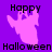 Purple background with pink ghost silhouettes and black text reading 'Happy Halloween' in pixelated font.