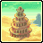 Pixelated image of a multi-tiered tower on sandy ground with turquoise sky and distant blue structure.