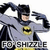 Batman character in gray suit with yellow bat symbol, black cape and gloves, making a gesture with both hands raised near head.