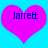 Two identical pink hearts on a bright blue background, each containing the text 'Jarrett' in dark blue pixelated font.
