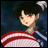 Pixelated anime-style character with red eyes and dark hair wearing a striped outfit, next to stylized text on black background.