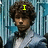 Pixelated image of a person with curly brown hair in formal attire, featuring yellow text overlays that change across frames.