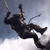 Pixelated figure in dark clothing suspended mid-air by a rope, arms raised, legs bent, against a gradient sky background.