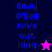 Blue text 'Emily O'Dell roks out loud' on dark blue background with pink star; same text on bright pink background with black star.