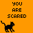 Pixelated black cat icon with orange background and "YOU ARE SCARED" text, showing three distinct frame states with varying cat positions and background elements.