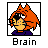 Pixel art icon of a cartoon character with orange hair and purple clothing inside a black square frame, with the word "Brain" below it on white background.