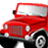 Red jeep with white roof and headlights, black tires, silver wheels, visible grille, side mirror, and front bumper on a plain background.