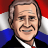 Pixelated portrait of a man with light brown hair, mustache, and goatee wearing dark suit jacket over white shirt and red tie against red, white, blue background.