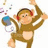 Pixelated monkey wearing red headphones, holding a blue and white object with one arm raised against a white background.