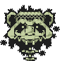 Pixel art of a stylized panda head with glowing green eyes, black and light green color scheme, wearing a patterned bandana-like accessory on top.