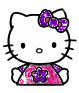 White cat with black eyes and nose, wearing pink dress with purple star, purple bow on head; three identical static views of the same character.