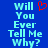 Blue background with light blue pixelated text reading "Will You Ever Tell Me Why?" and a red pixelated heart symbol above the text on the left side.