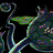 Pixelated abstract composition with swirling green and blue shapes against a black background, featuring a central dark void and curved light trails.
