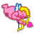 Pixelated pink angel with blonde hair holding a golden bow and arrow, aiming at a large pink heart shape against white background.
