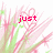 Pixelated pink and green floral background with red text reading 'just', 'kiss', and 'me' in separate frames.