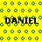 Yellow background with green circular patterns and four instances of the text 'DANIEL' in black pixelated font.