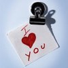 A static buddy icon featuring a white notepad with 'I ❤️ You' text held by a black clip against a light blue background.