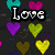 Pixelated icon with 'Love' text over multicolored hearts on dark background, 'Peace' text over hands forming peace sign, and 'Cute' text over rabbit image.