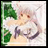 A 48x48 pixel animated buddy icon featuring a chibi-style anime character with light pink hair and brown eyes, positioned next to stylized text on a black background.