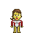 Pixelated character with brown hair, yellow skin, red and white top, and yellow legs standing against gray background.