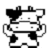 Pixelated black-and-white cow icon with spotted pattern, arms raised in motion pose next to text reading 'shake it like a poloroid picture!' on black background.