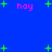 Blue background with scattered green plus signs and pink 'hay' text in pixelated font.