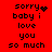 Red background with black pixelated text reading 'sorry baby i love you so much' in two , featuring animated heart and sparkle effects