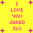 Yellow background with pink text and purple stars; repeated phrases 'I LOVE YOU JARED ILU' in pixelated font, some instances have additional plus signs around the text.