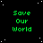 Green text 'Save Our World' repeated in a on black background with white stars, one gray square visible