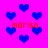 Pixelated icon with bright pink background and scattered blue hearts, red text "marisa" repeated four times.