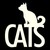 White pixelated text 'CATS' with a stylized cat silhouette above it on a black background.