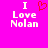 A bright pink background displays two side-by-side text-based designs with 'I Love Nolan' in white pixelated font, one featuring a red heart symbol replacing the word 'Love'.