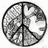 A circular grayscale icon with a peace symbol overlaying a pixelated globe, rendered in low-resolution 8-bit style.
