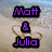 Beach scene with sand and water background, heart-shaped sand drawing, and purple text overlays reading "Matt & Julia," "Forever," and "Gorgeous" with heart symbols.