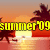 Animated beach scene with palm trees and sunset, text 'summer'09' changing colors across frames.