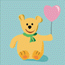 Yellow bear with green scarf holds pink heart-shaped balloon against light blue background, showing multiple pose variations.