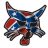 Pixelated figure with blue and red accents, dark limbs, and a white background; appears to be in motion or stylized pose.