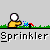Animated pixel art of a yellow figure with white head spraying blue water from red sprinkler, repeating text "Sprinkler" and changing phrase below.