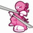 Pixelated pink character with white accents holds a silver sword, standing on a light background with text reading 'Gus Is My PINK NINJA' in bright magenta.