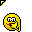 Pixel art of a yellow circular character with black outline, white eyes, and red mouth in two states: one holding a phone to its ear, the other surrounded by three red hearts.