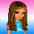 Pixelated character with long brown hair wearing blue top and white pants, displayed in three with text labels below