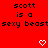 Red background with repeated text "scott is a sexy beast" and white heart/arrow symbols in a pattern