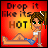 Pixel art animation of a cartoon woman in blue shorts and white top against red-orange gradient background with "Drop it like its HOT" text, showing three distinct facial expressions across frames.