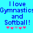 Blue pixelated text on cyan background reads "I love Gymnastics and Softball!" with pink and purple asterisks below.