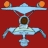 Pixelated light blue starship with orange engine glows on a solid red background, viewed from above with symmetrical wings and central hull.