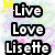 Pixelated text 'Live Love Lisette' in bold black outlines over a pastel heart and star background with yellow accents.
