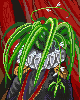 Pixel art of a character with long green hair, white beard, and dark robe against red curtains.