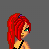 Pixel art buddy icon featuring a red-haired female character with green eyes and black straps, alongside partial legs in black shoes and a black top on a gray background.