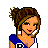 Pixel art cheerleader character with blue and white uniform, brown hair bun, earrings, and repeated "cheer time" text across multiple frames showing different body parts and poses.
